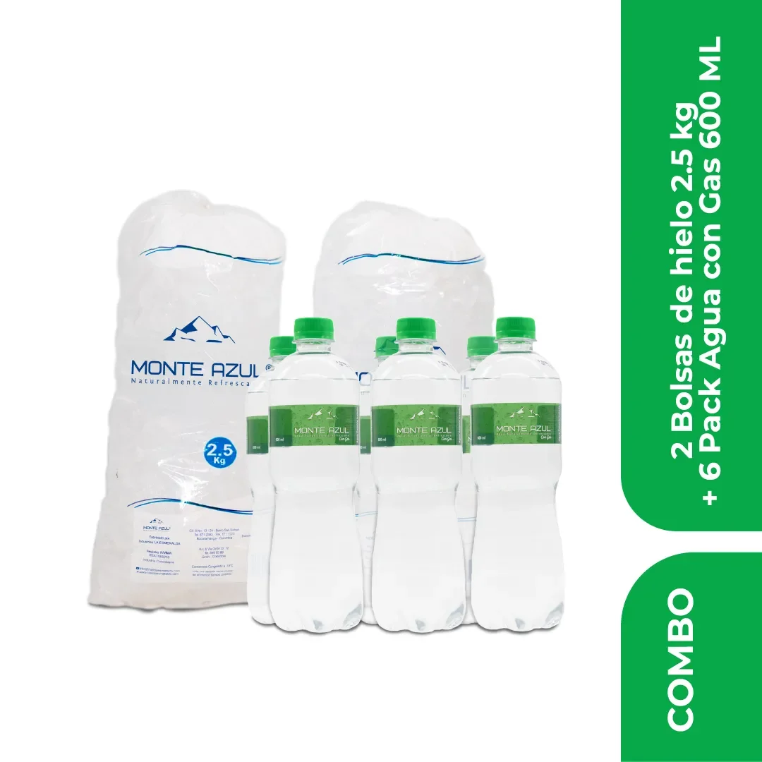 Combo de dos bolsas de hielo de 3 kg y six pack de agua con gas de 600 ml