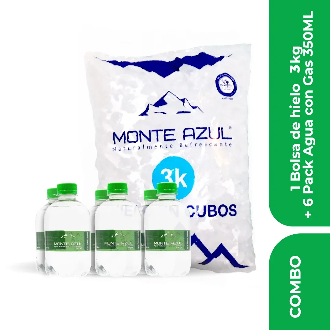 Combo de una bolsa de hielo de 3 kg y six pack de agua con gas de 350 ml