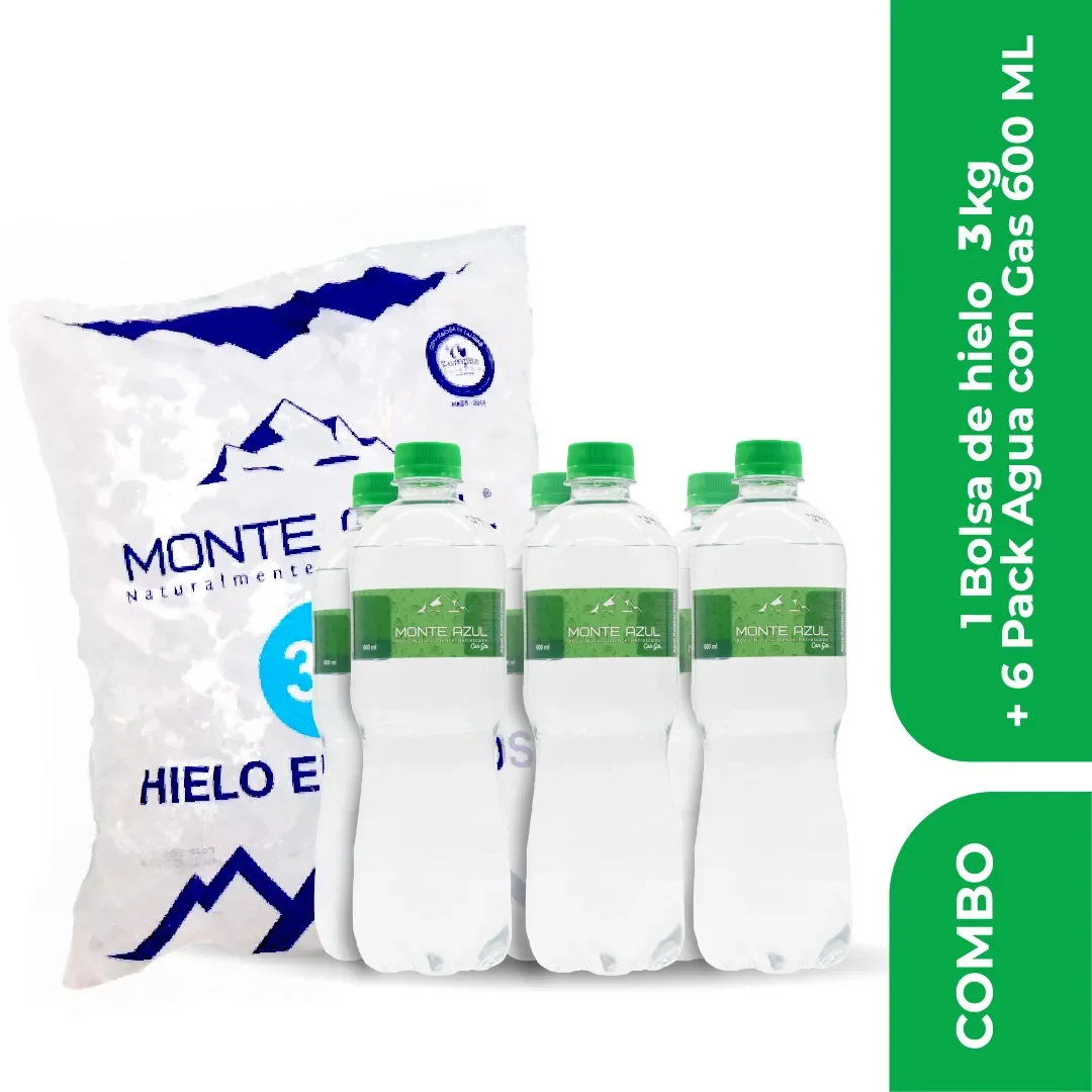 Combo de una bolsa de hielo de 3 kg y six pack de agua con gas de 600 ml