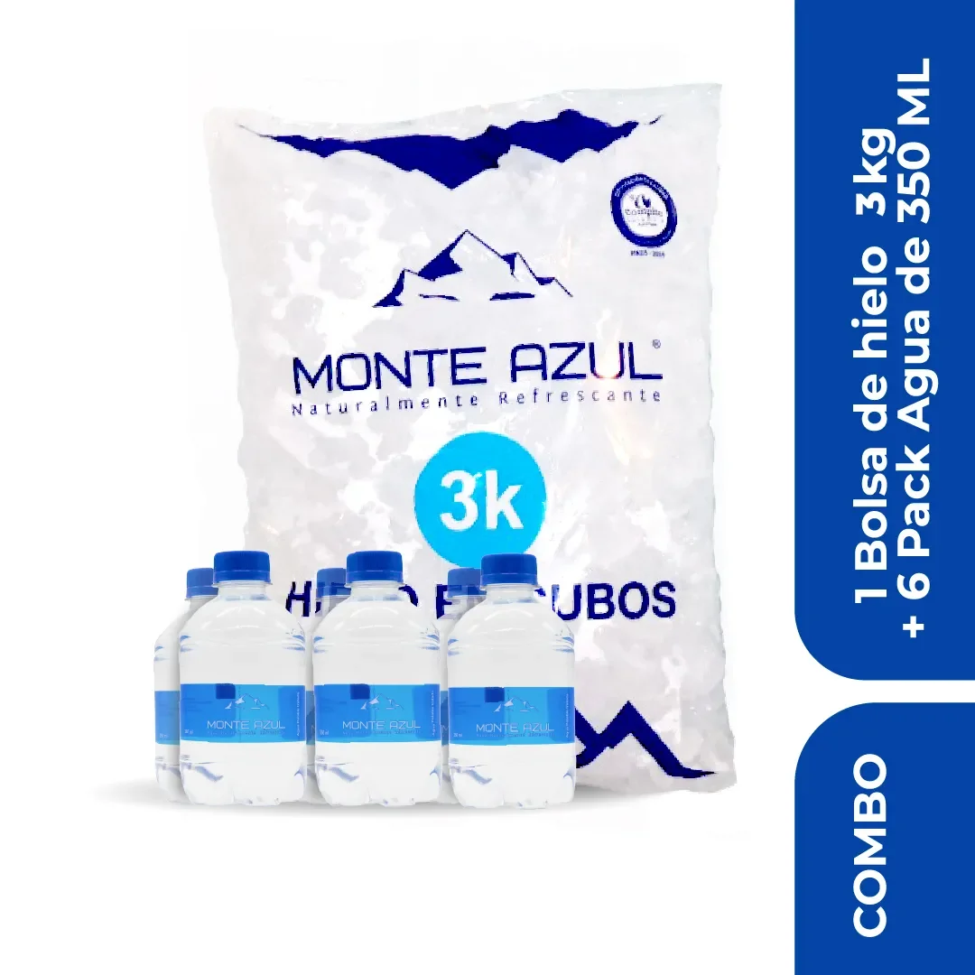 Combo de una bolsa de hielo de 3 kg y six pack de agua de 350 ml